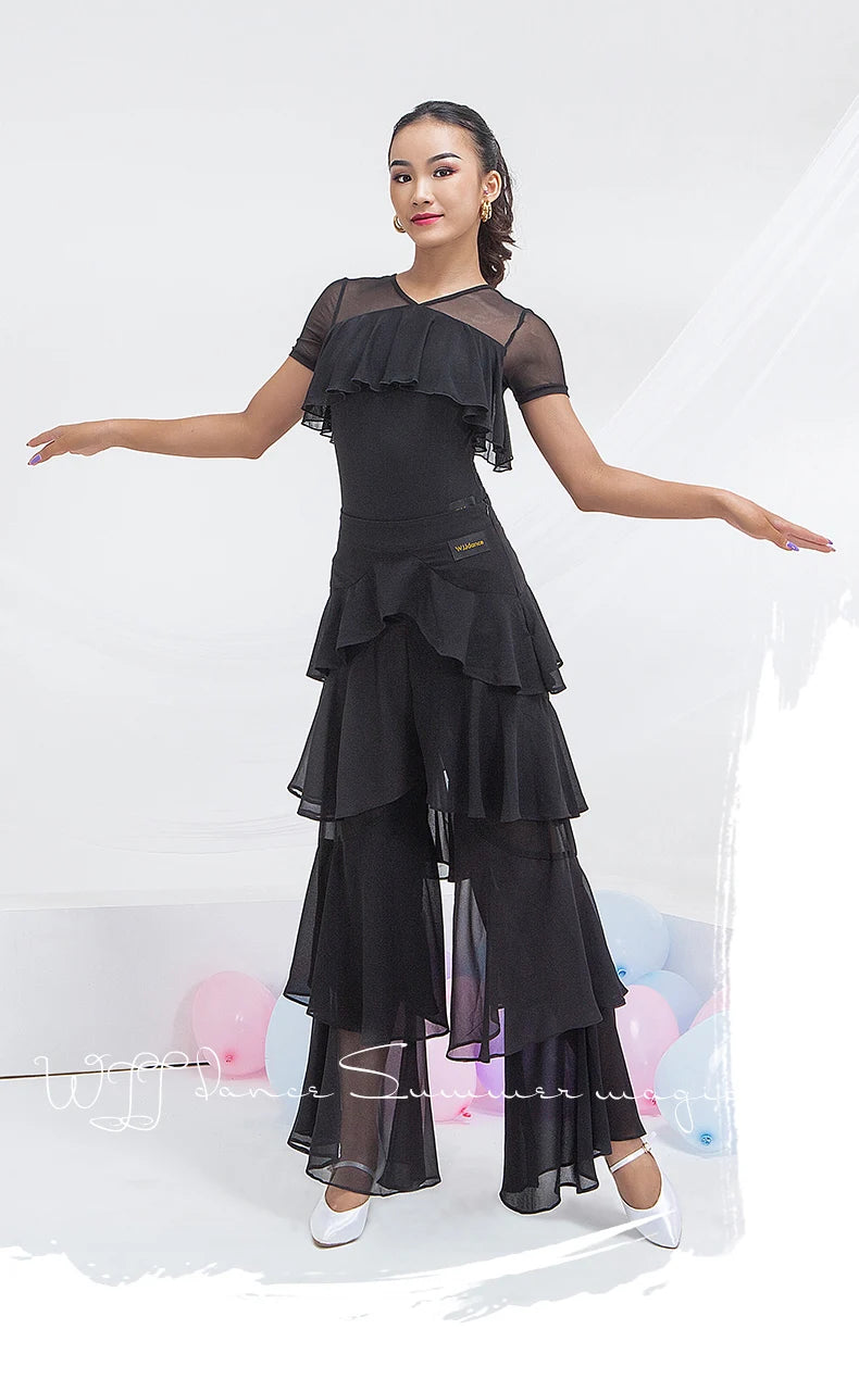 Latin Practice Clothes Modern Dance Pants Women'S High Waist Four-Layer Ruffled Trousers National Standard Dance Costumes SL4863