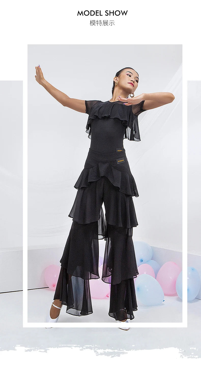 Latin Practice Clothes Modern Dance Pants Women'S High Waist Four-Layer Ruffled Trousers National Standard Dance Costumes SL4863