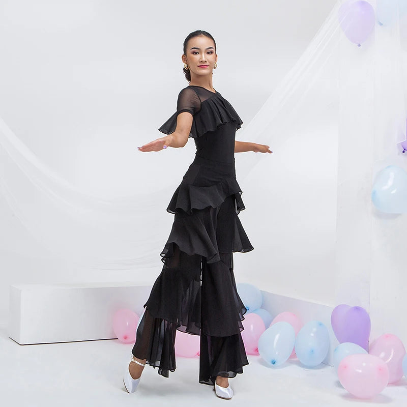 Latin Practice Clothes Modern Dance Pants Women'S High Waist Four-Layer Ruffled Trousers National Standard Dance Costumes SL4863
