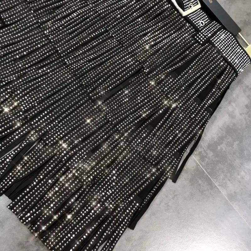 Women Skirt Fashion 2025 New Autumn High Waist Belt Multi Layer Short Heavy Drilling Rhinestones Fringed Skirt with Cake A Line