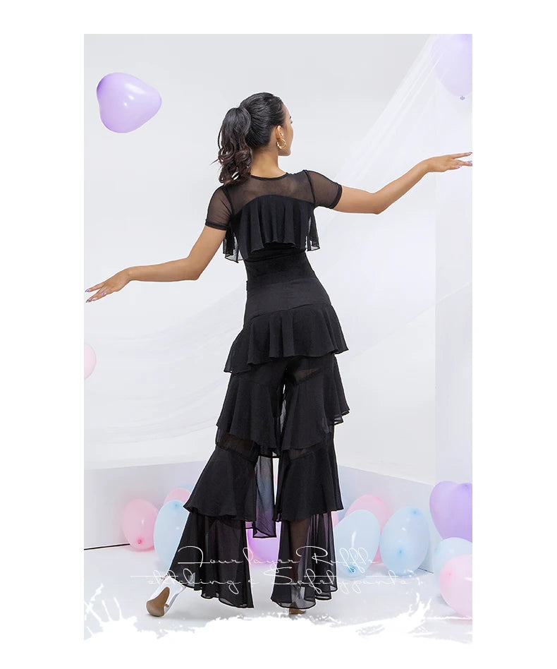 Latin Practice Clothes Modern Dance Pants Women'S High Waist Four-Layer Ruffled Trousers National Standard Dance Costumes SL4863