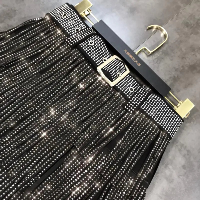 Women Skirt Fashion 2025 New Autumn High Waist Belt Multi Layer Short Heavy Drilling Rhinestones Fringed Skirt with Cake A Line