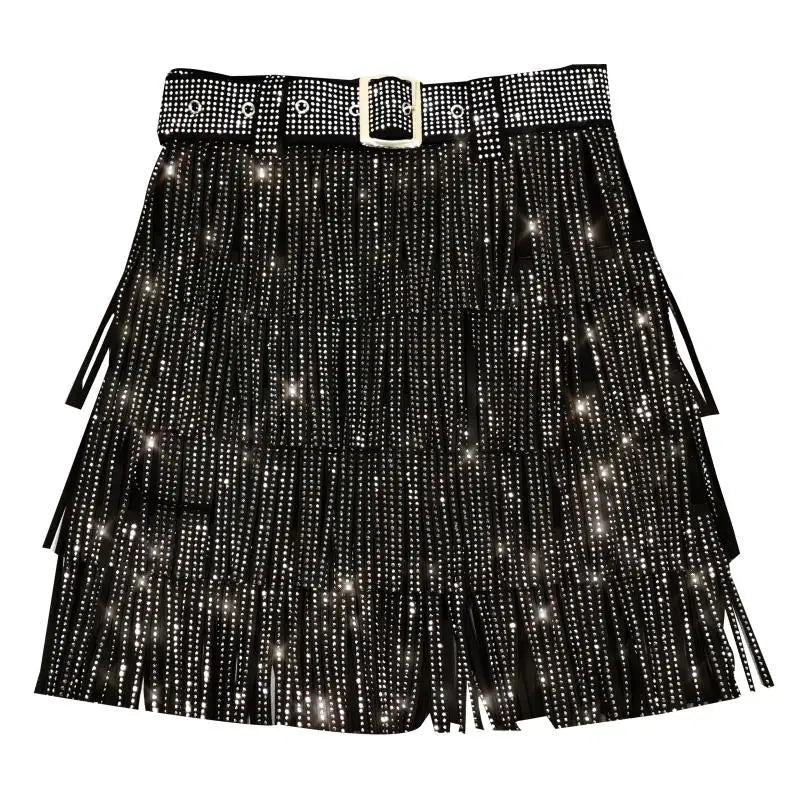 Women Skirt Fashion 2025 New Autumn High Waist Belt Multi Layer Short Heavy Drilling Rhinestones Fringed Skirt with Cake A Line