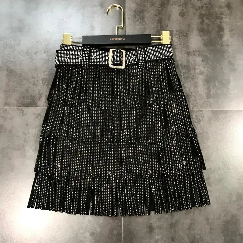 Women Skirt Fashion 2025 New Autumn High Waist Belt Multi Layer Short Heavy Drilling Rhinestones Fringed Skirt with Cake A Line