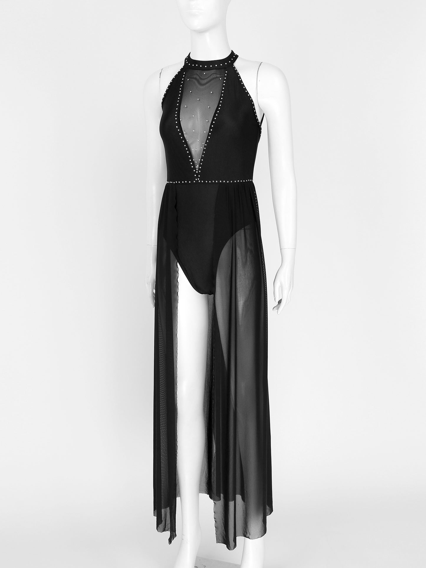Elegant White Halter Bodysuit with Sheer Mesh Insert and Flowing Cape – Bridal Couture, Resort Wear, Photogenic Runway Gown