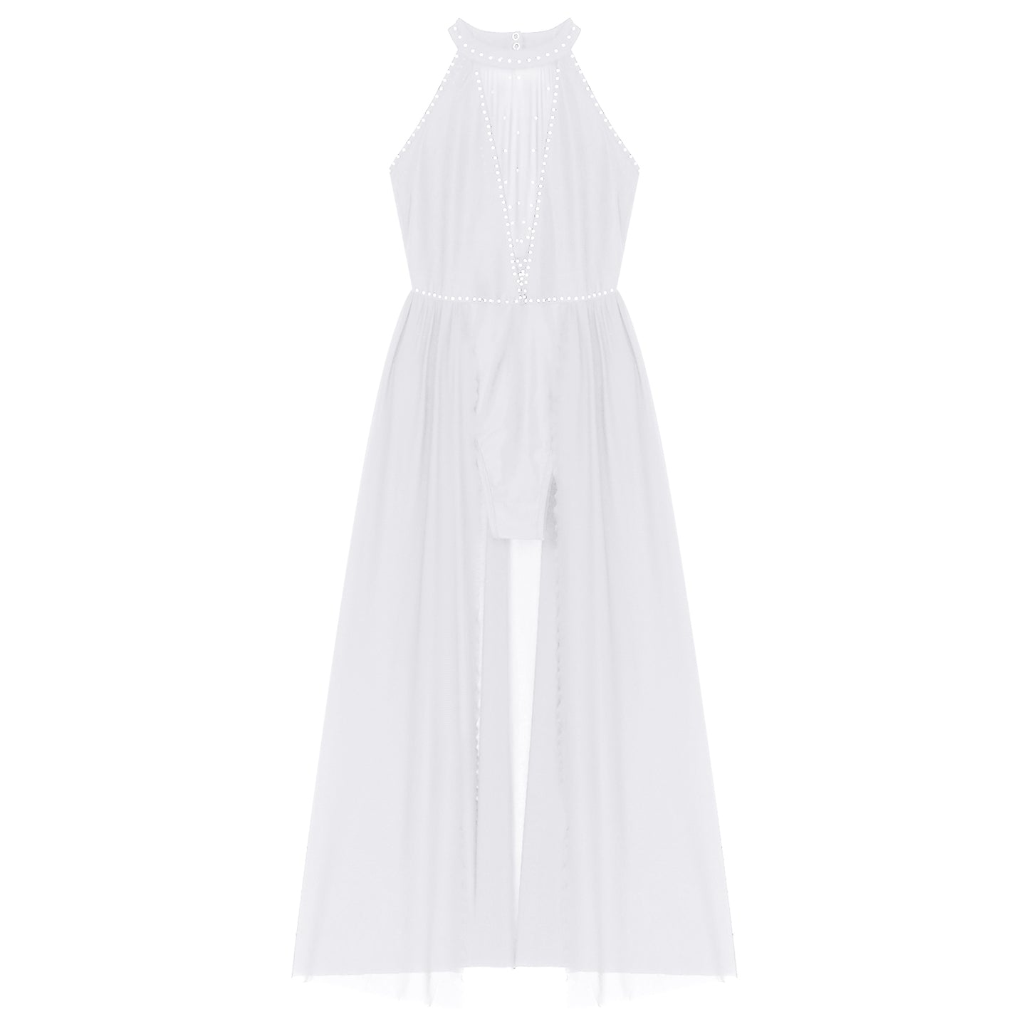 Elegant White Halter Bodysuit with Sheer Mesh Insert and Flowing Cape – Bridal Couture, Resort Wear, Photogenic Runway Gown