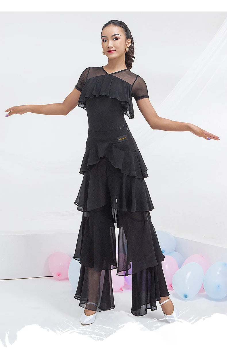 Latin Practice Clothes Modern Dance Pants Women'S High Waist Four-Layer Ruffled Trousers National Standard Dance Costumes SL4863