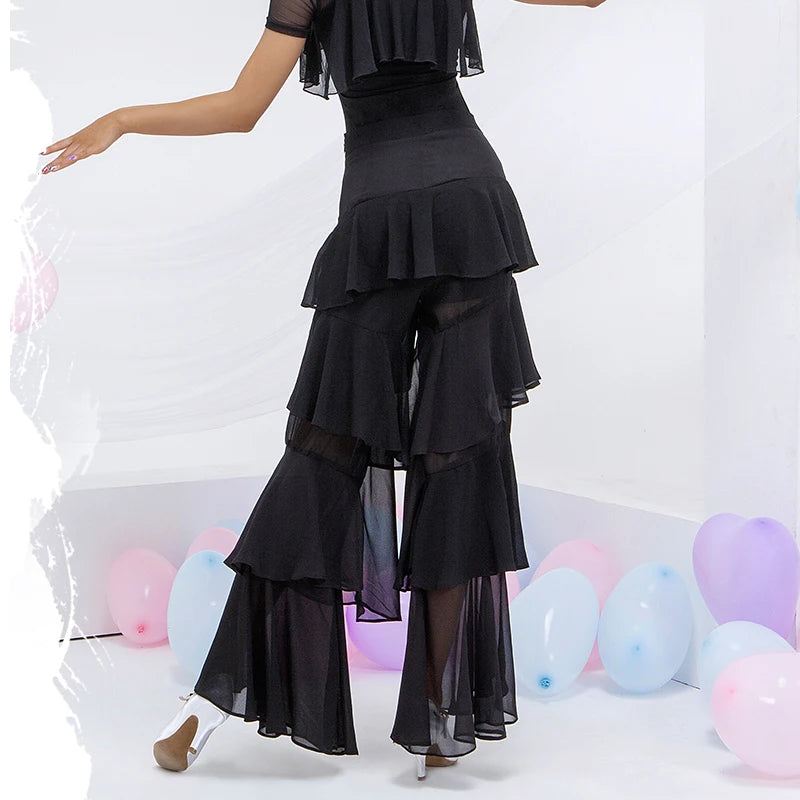 Latin Practice Clothes Modern Dance Pants Women'S High Waist Four-Layer Ruffled Trousers National Standard Dance Costumes SL4863