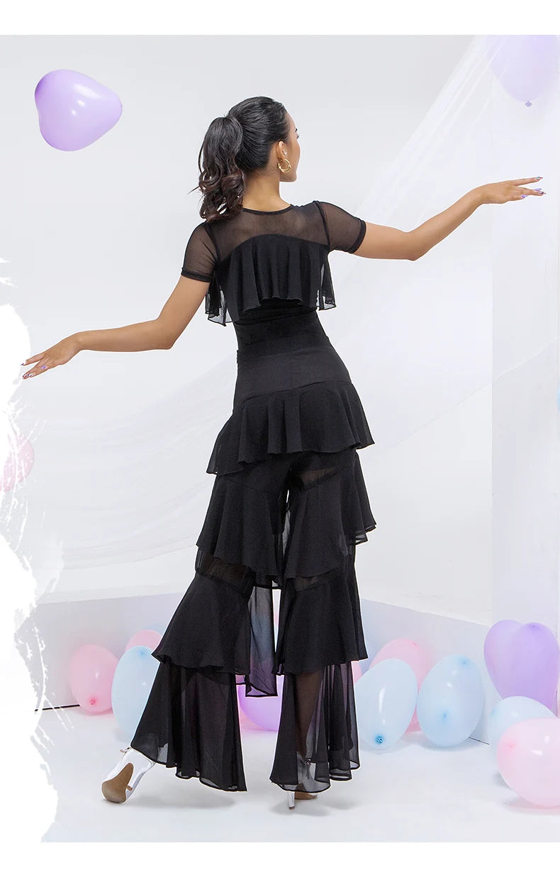 Latin Practice Clothes Modern Dance Pants Women'S High Waist Four-Layer Ruffled Trousers National Standard Dance Costumes SL4863