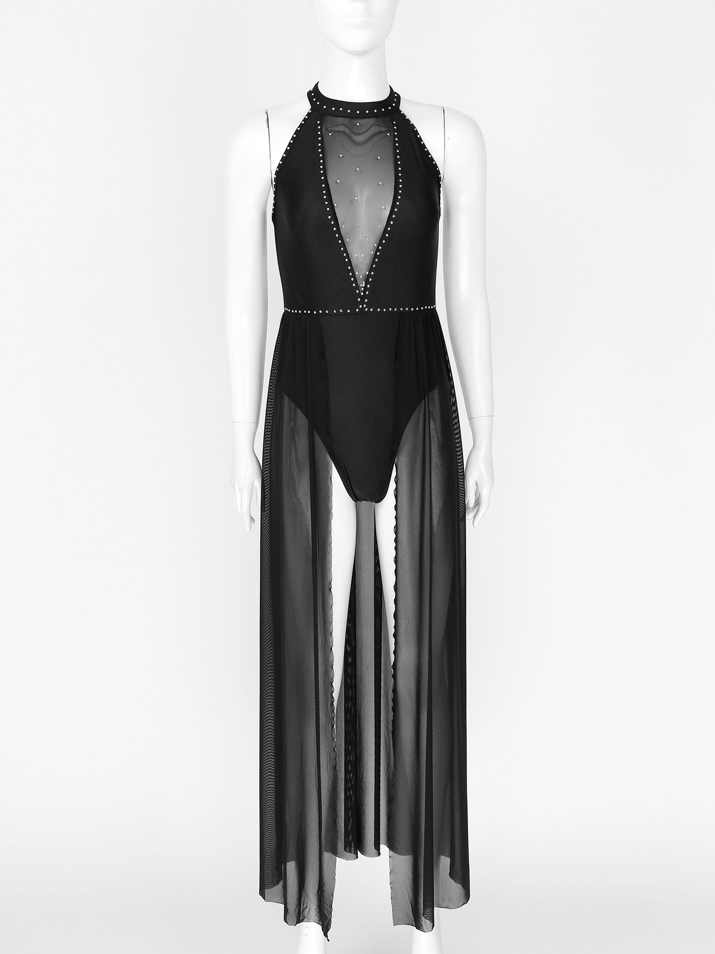 Elegant White Halter Bodysuit with Sheer Mesh Insert and Flowing Cape – Bridal Couture, Resort Wear, Photogenic Runway Gown