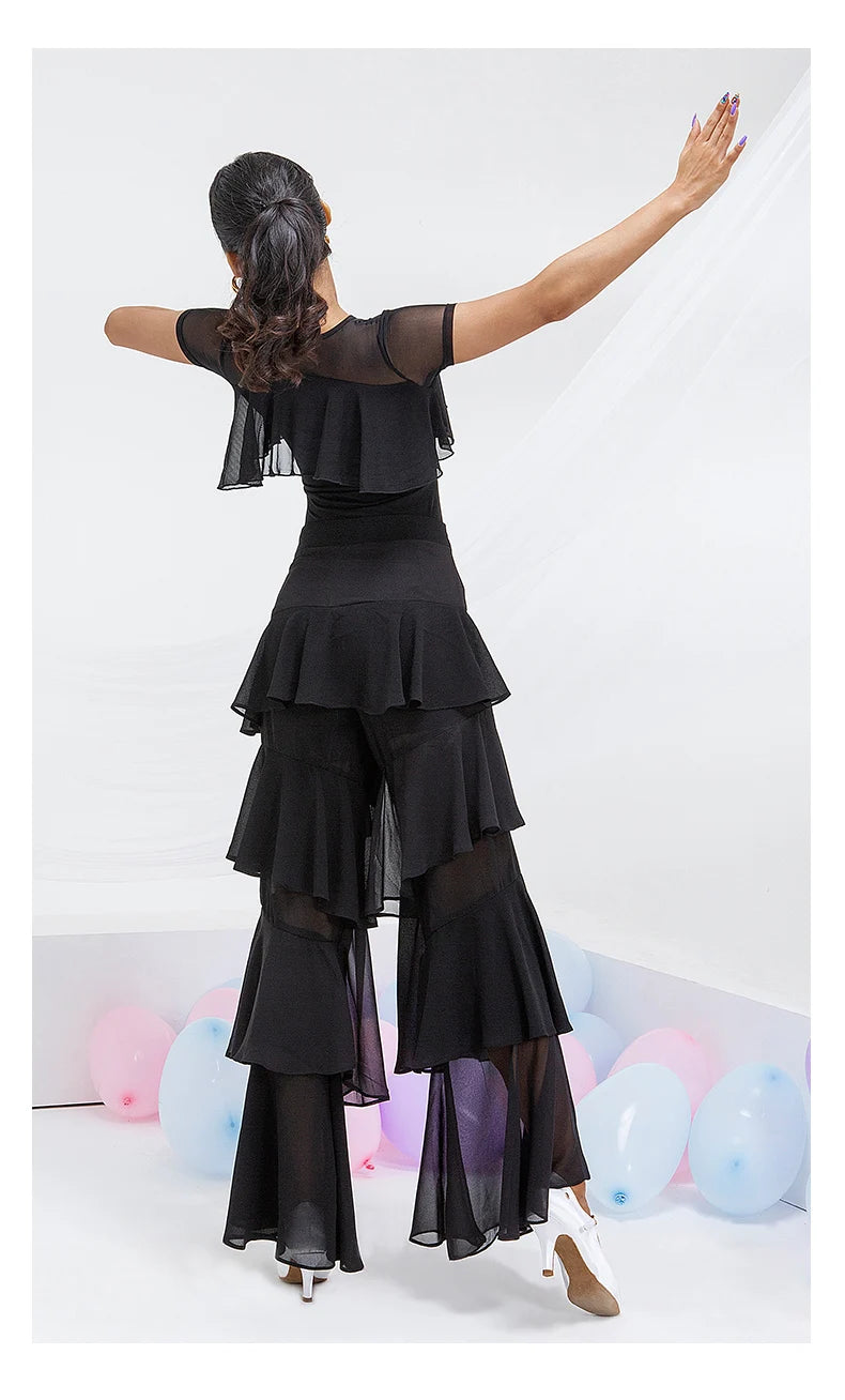 Latin Practice Clothes Modern Dance Pants Women'S High Waist Four-Layer Ruffled Trousers National Standard Dance Costumes SL4863