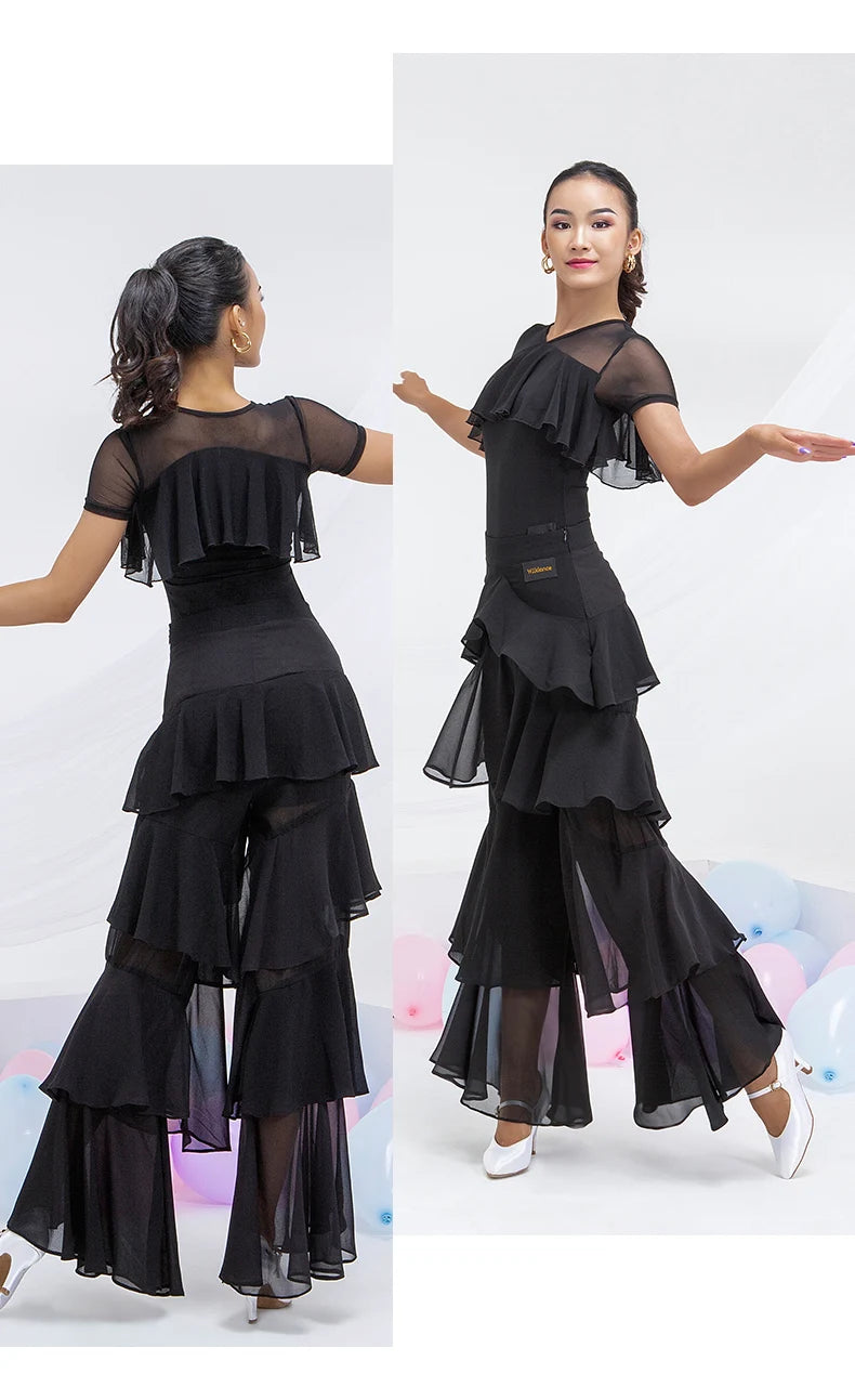 Latin Practice Clothes Modern Dance Pants Women'S High Waist Four-Layer Ruffled Trousers National Standard Dance Costumes SL4863