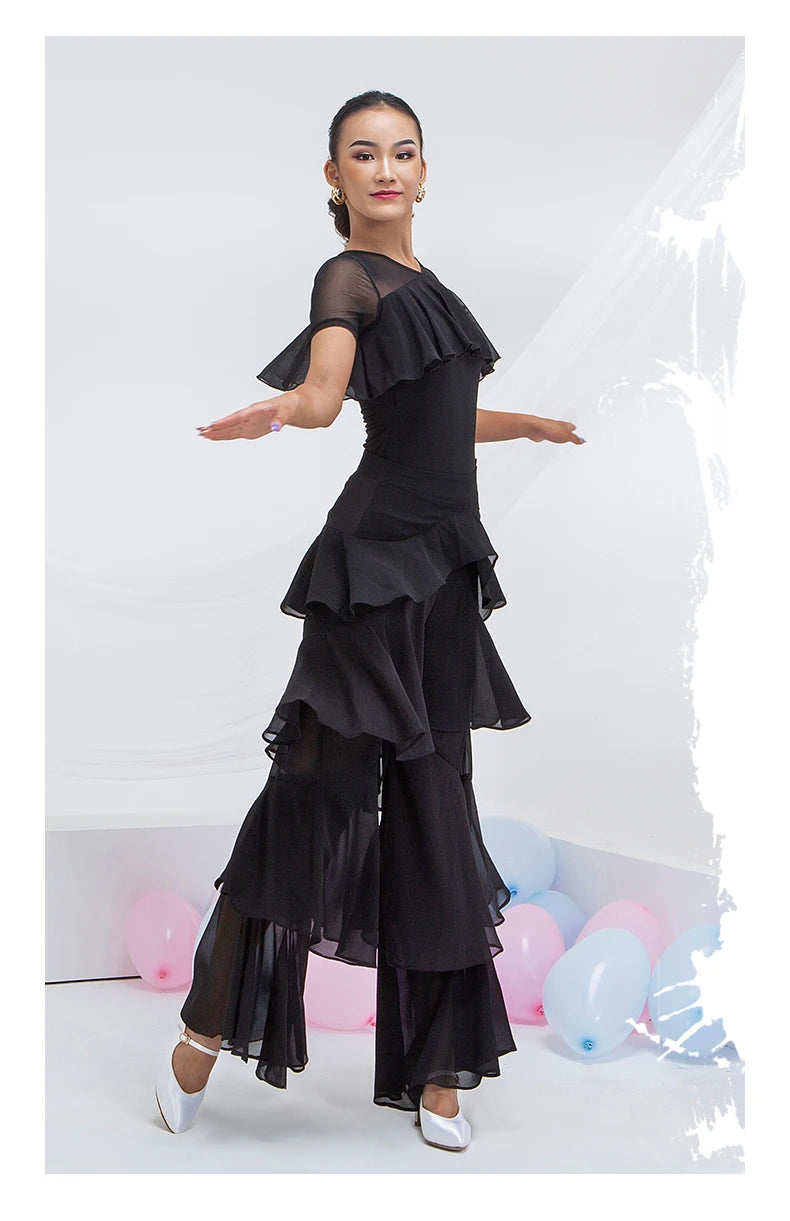 Latin Practice Clothes Modern Dance Pants Women'S High Waist Four-Layer Ruffled Trousers National Standard Dance Costumes SL4863