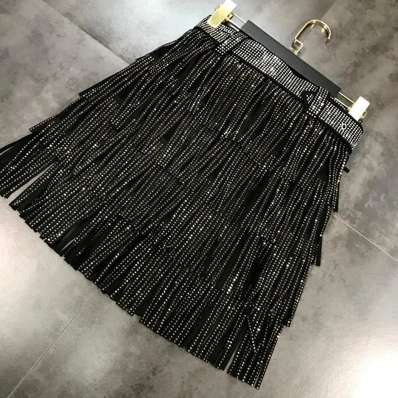 Women Skirt Fashion 2025 New Autumn High Waist Belt Multi Layer Short Heavy Drilling Rhinestones Fringed Skirt with Cake A Line