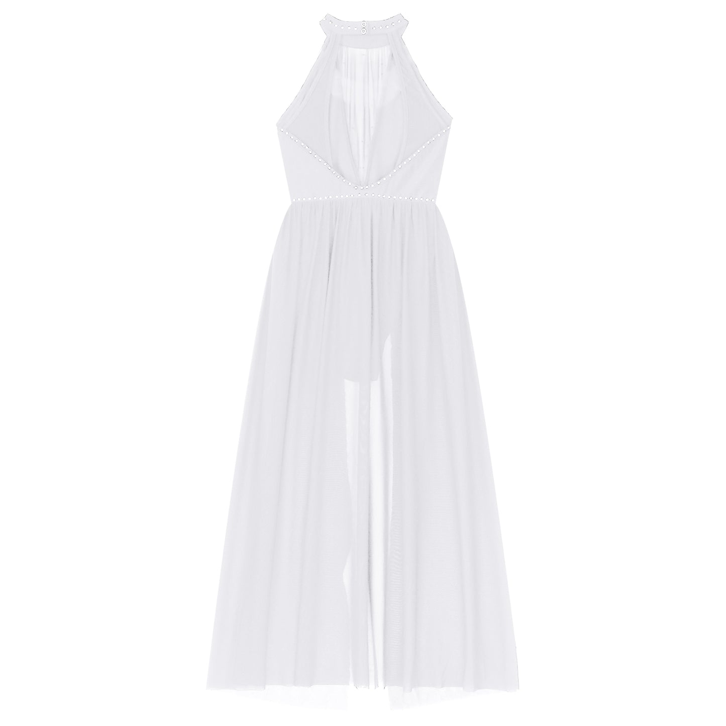 Elegant White Halter Bodysuit with Sheer Mesh Insert and Flowing Cape – Bridal Couture, Resort Wear, Photogenic Runway Gown