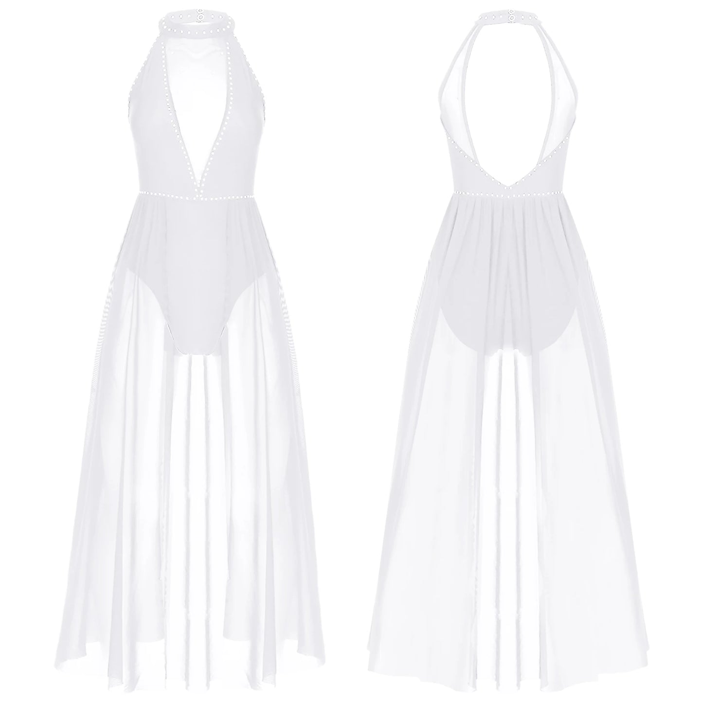 Elegant White Halter Bodysuit with Sheer Mesh Insert and Flowing Cape – Bridal Couture, Resort Wear, Photogenic Runway Gown