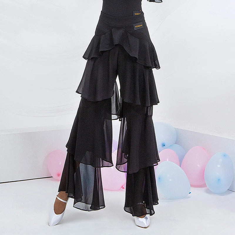 Latin Practice Clothes Modern Dance Pants Women'S High Waist Four-Layer Ruffled Trousers National Standard Dance Costumes SL4863