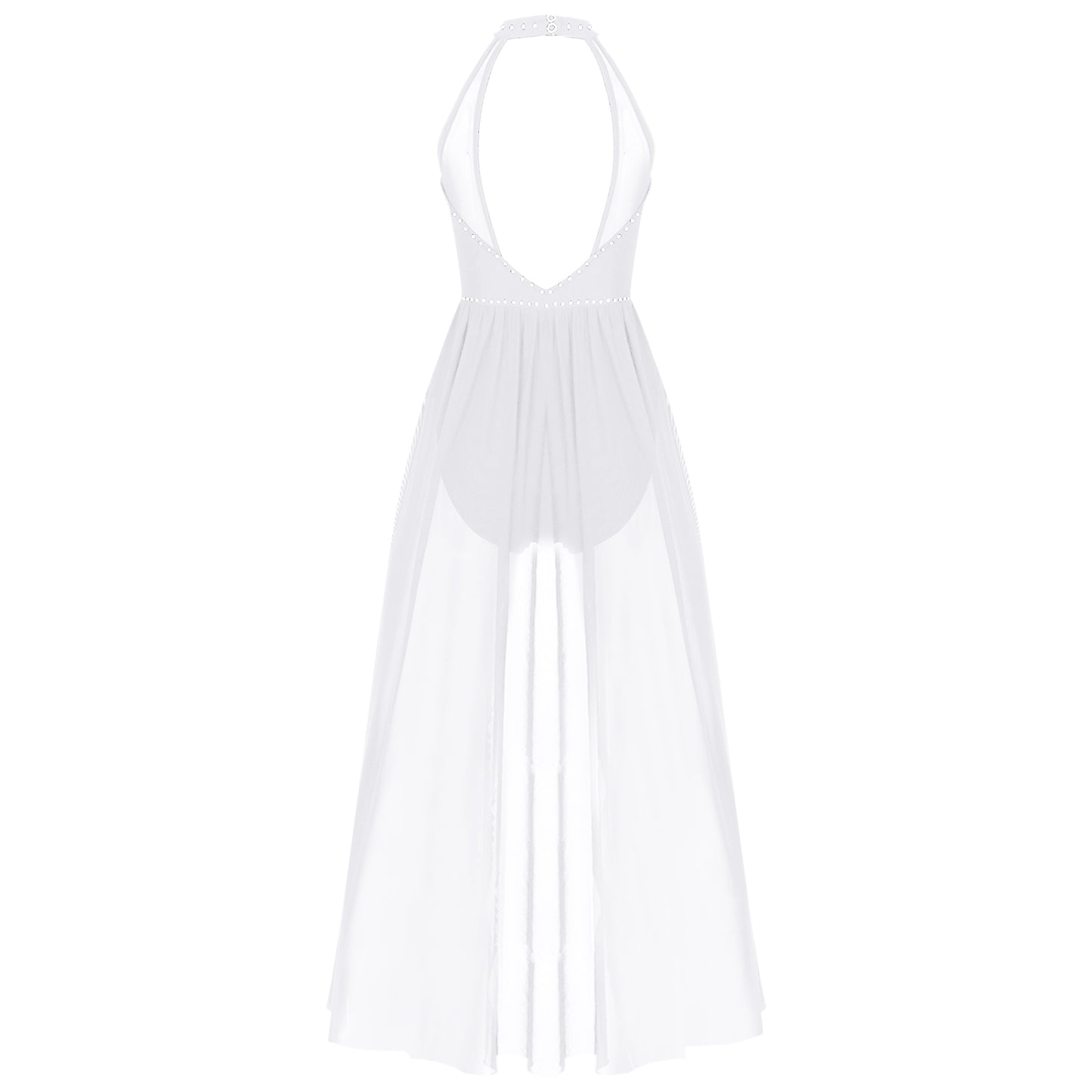 Elegant White Halter Bodysuit with Sheer Mesh Insert and Flowing Cape – Bridal Couture, Resort Wear, Photogenic Runway Gown