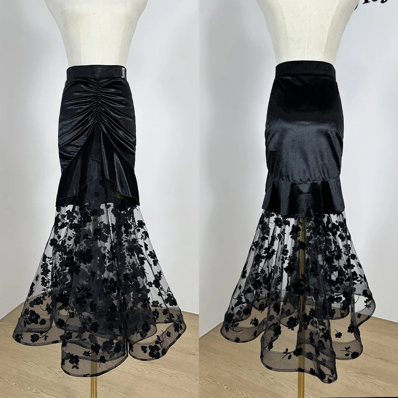 Ballroom Dance Clothes Women Adult Wrap Hip Sexy Black Long Skirt Lace Gauze Waltz Dance Skirt Practice Performance Wear NV20015