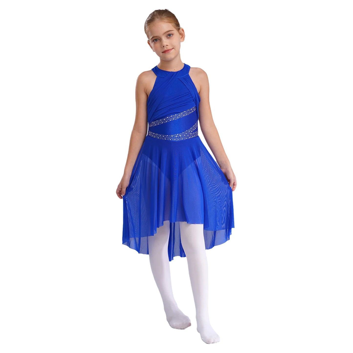 Kids Girls Rhythmic Gymnastics Ballet Lyrical Latin Dance Costume Rhinestone Ruched Leotard Waltz Tango Ballet Jersey Dresses