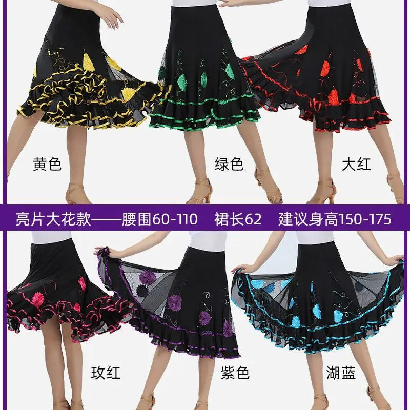 Square Dance/National Standard Modern Social Dance Big Swing Skirt Embroidered Square Dance Half Body Skirt Waltz Dance Skirt