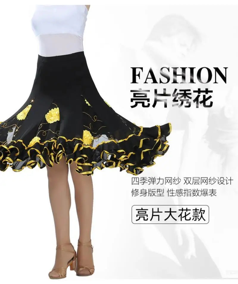 Square Dance/National Standard Modern Social Dance Big Swing Skirt Embroidered Square Dance Half Body Skirt Waltz Dance Skirt