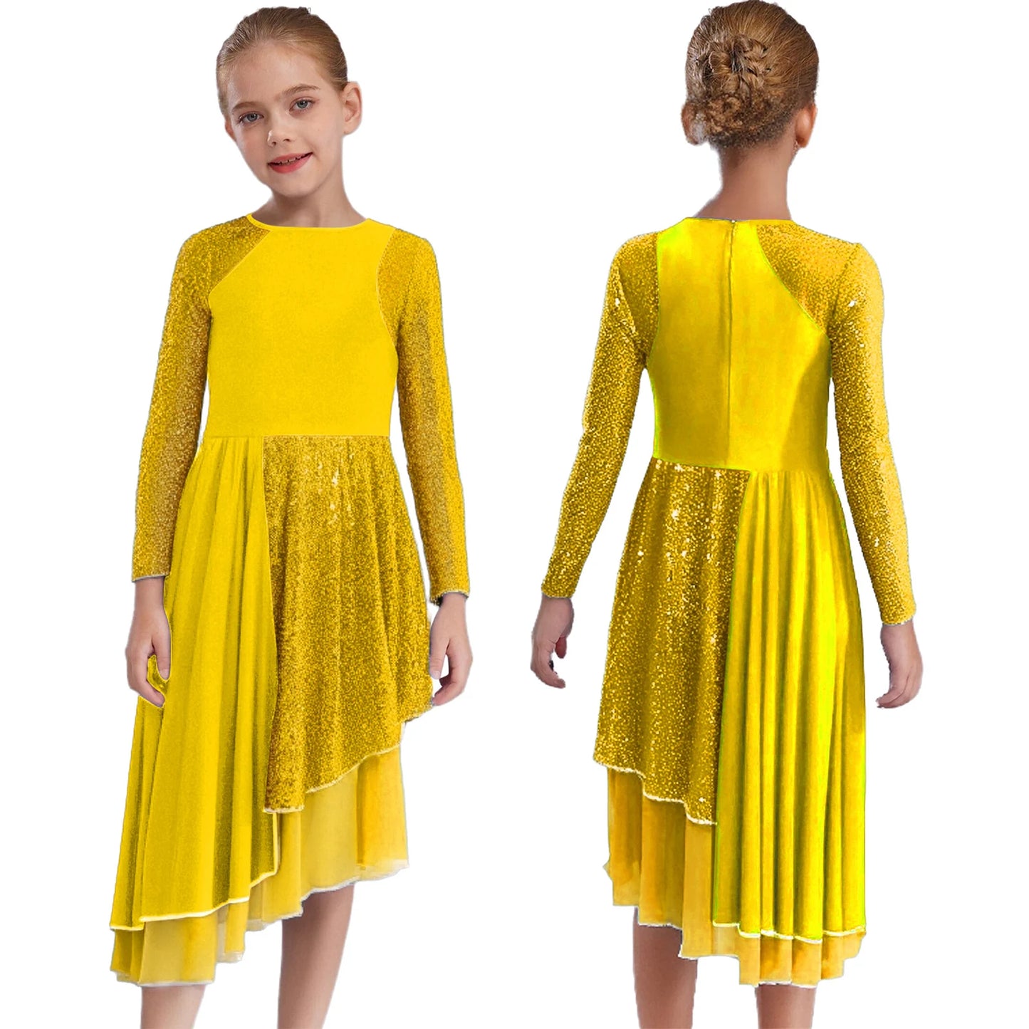 Vibrant Two-Tone Dance Dress with Sheer Lace Sleeves – Asymmetric Pink & Purple Gowns for Stage, Ballroom, and Showcases