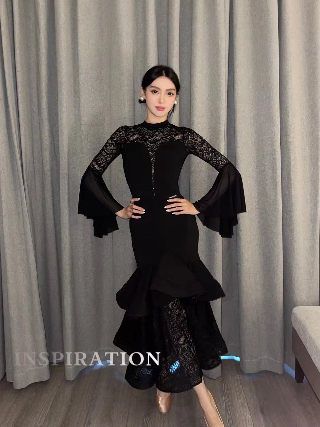 2024 Ballroom Dance Clothes Women Black Lace Tops Fishbone Skirt Long Sleeves Competition Dress Adult Waltz Dance Costume L13955