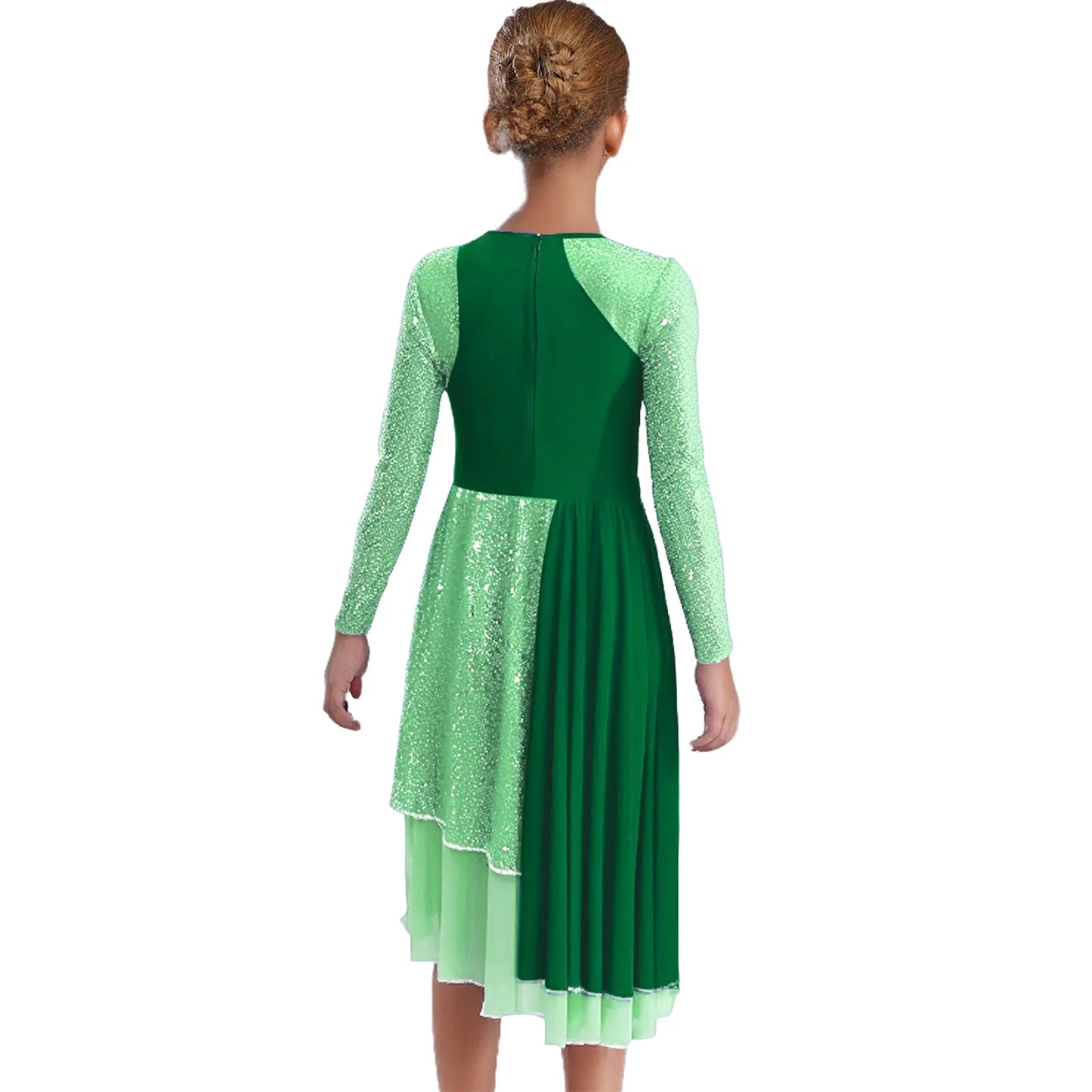 Vibrant Two-Tone Dance Dress with Sheer Lace Sleeves – Asymmetric Pink & Purple Gowns for Stage, Ballroom, and Showcases