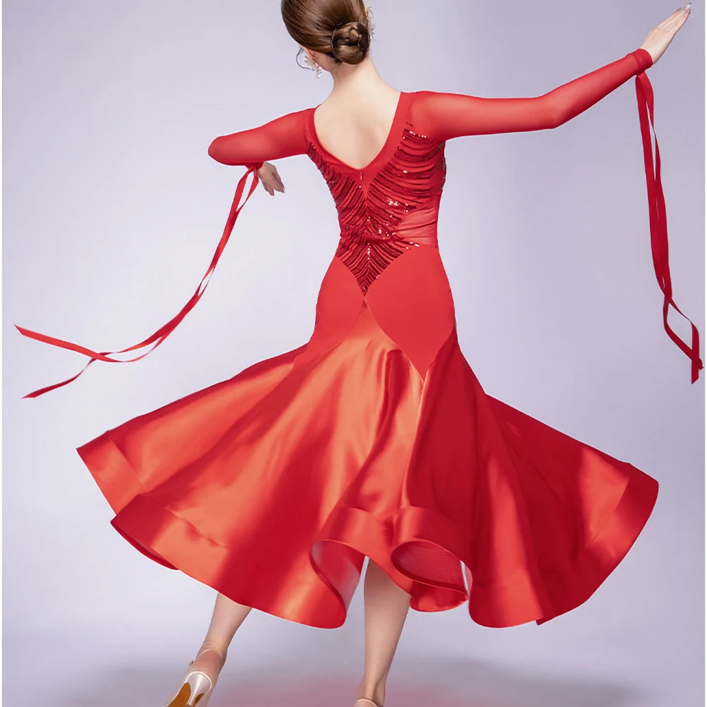 Stage Costume Streamers Standard Dance Dresses Competition Waltz Ballroom Dress for Competition Elegant Purple Long Sleeves Red