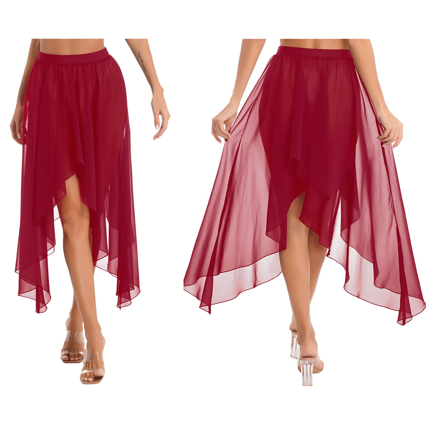 Women Adult Ballet Training Clothes Asymmetrical Sheer Chiffon Skirts Girls Middle Mesh Skirt Tulle Skirt Dance Stage Costume