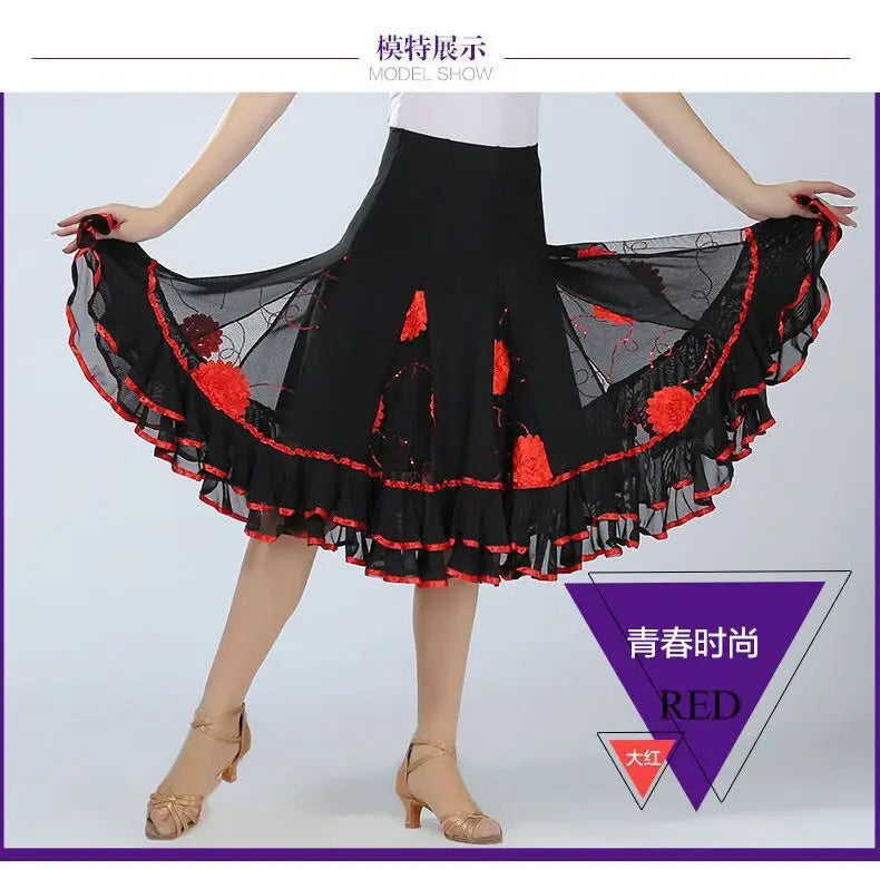 Square Dance/National Standard Modern Social Dance Big Swing Skirt Embroidered Square Dance Half Body Skirt Waltz Dance Skirt