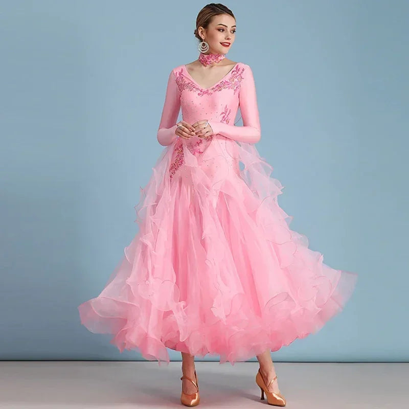 Women Competition Standard Modern Dancing Clothes Long Sleeve Waltz Stage Costumes Ballroom Dance Dress