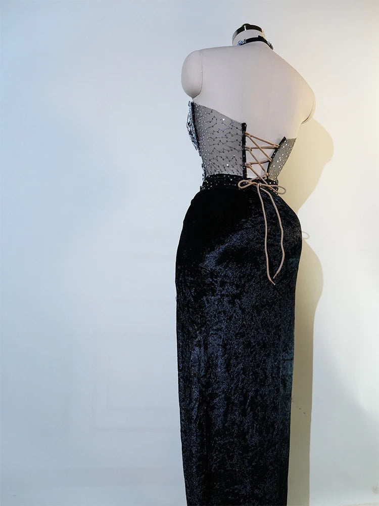 Glamorous Diamond Dance Dress Women Sexy Long Skirt Stage Costume Singer Performance Outfit Elastic Waist GoGo Nightclub Wear