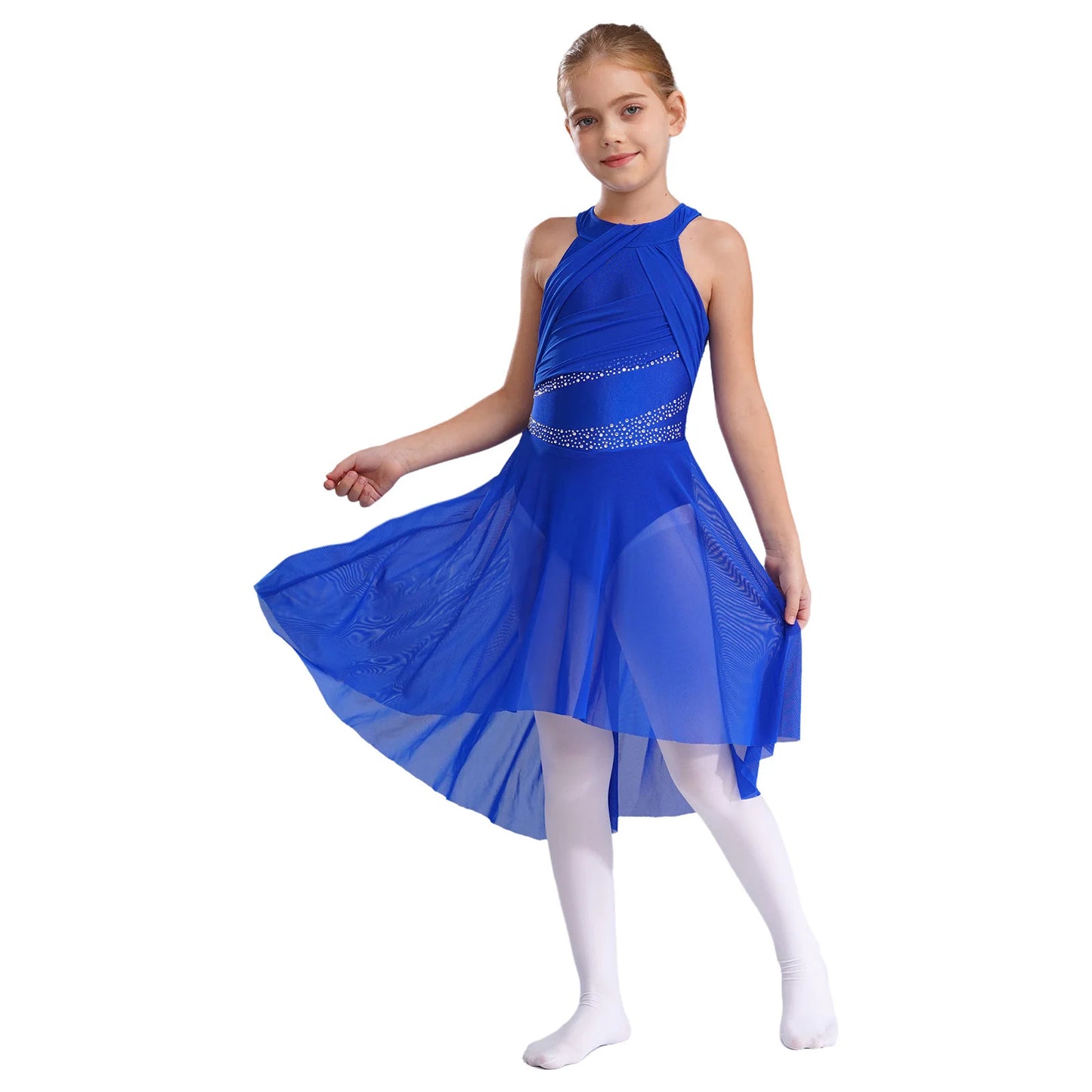Kids Girls Rhythmic Gymnastics Ballet Lyrical Latin Dance Costume Rhinestone Ruched Leotard Waltz Tango Ballet Jersey Dresses