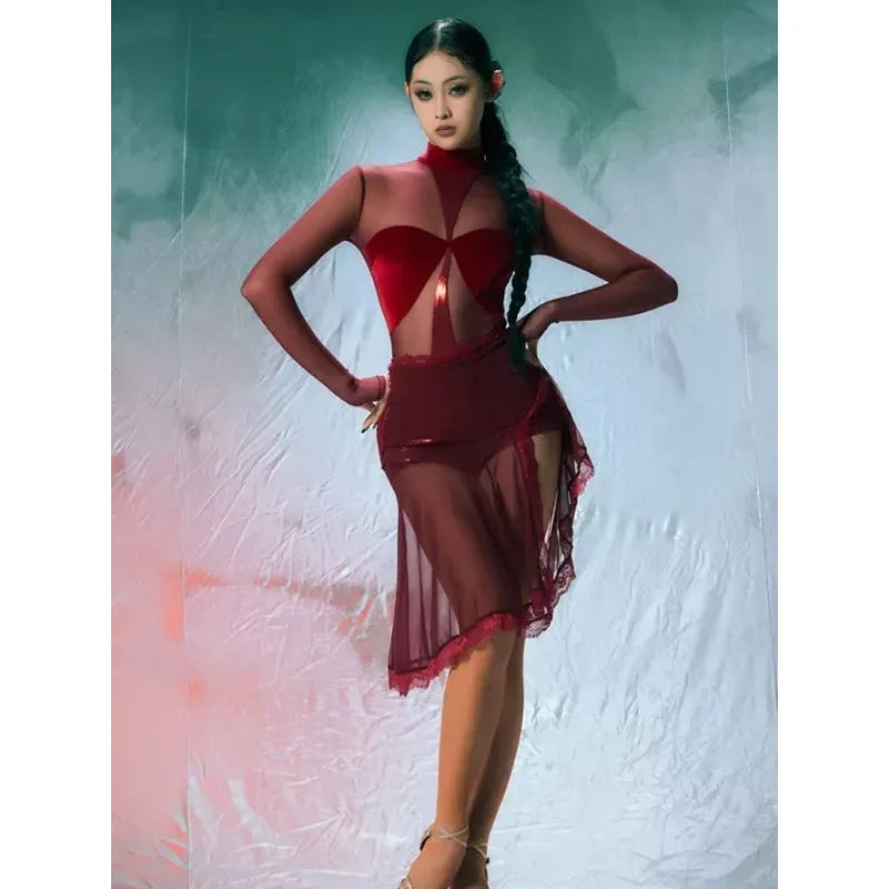 Customized Split Set Pole Ballroom Dress Standard Vestito Latino Americano Donna Dance Clothes Women Clothing Latin Dance Dress