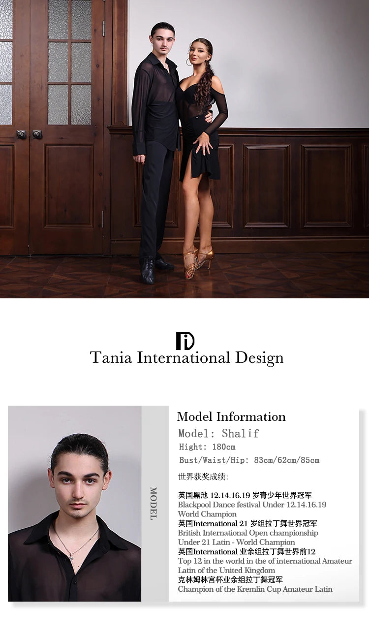 Black Mesh Ballroom Dance Top Men Long Sleeved Latin Dance Shirt Adults Samba Chacha Modern Dancing Tops Training Wear SL12058