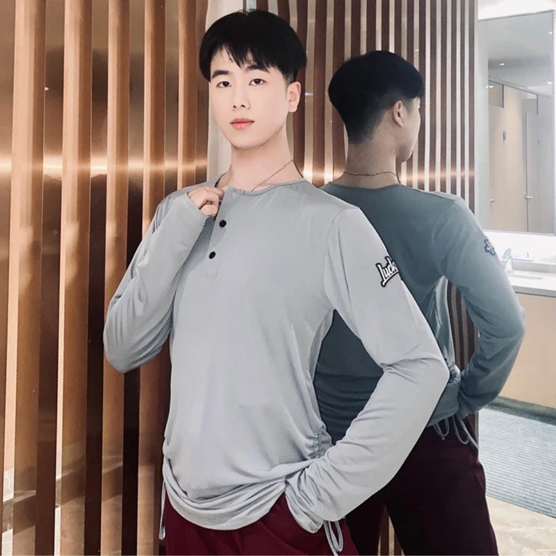 Men Long Sleeves Latin Dance Tops Round Neck Loose T Shirt Male Adult Cha Cha Rumba Salsa Dance Clothing Practice Wear DNV21958