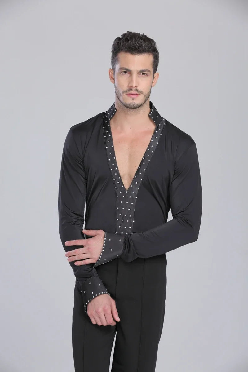 Men Latin Waltz Ballroom Dance Long Shirt Black White V-Neck Lace Leotard Bodysuit Cha-Cha Tango Rumba Dance Performance Shirts