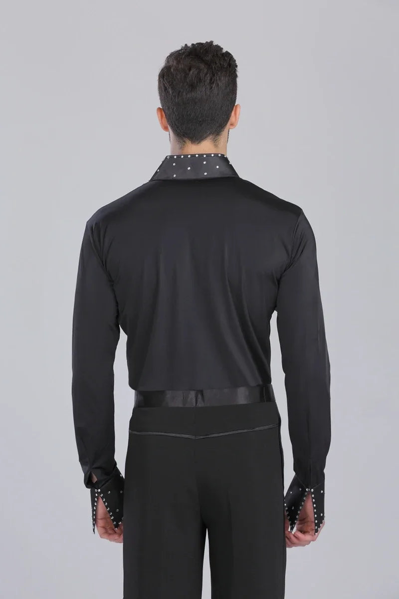 Men Latin Waltz Ballroom Dance Long Shirt Black White V-Neck Lace Leotard Bodysuit Cha-Cha Tango Rumba Dance Performance Shirts