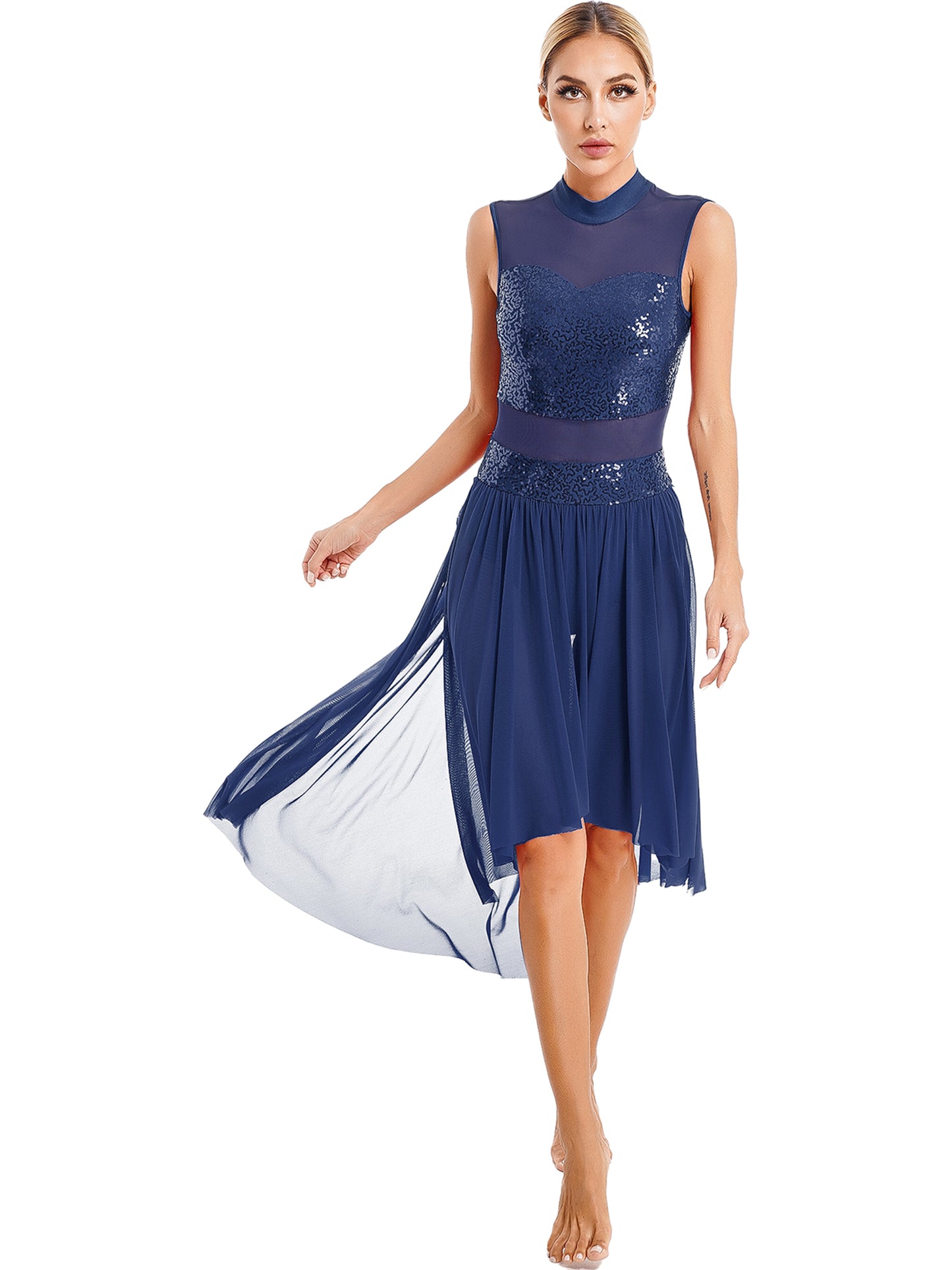 Navy Blue Sequin Bodice with Sheer Mesh Skirt – Dance Dress with Criss-Cross Back, Ballroom & Party Gown