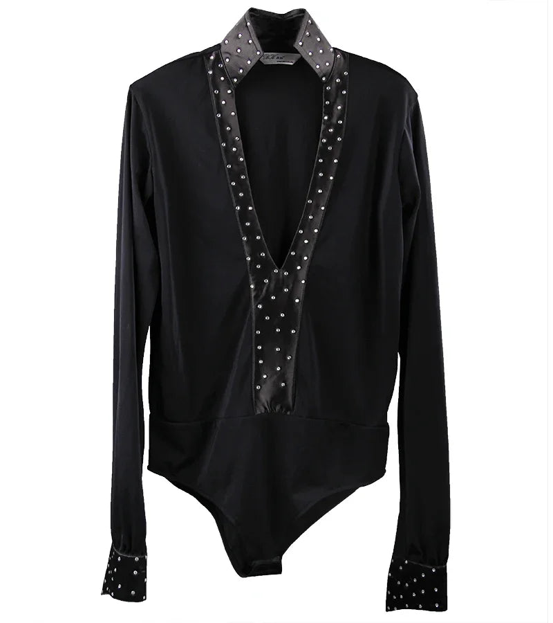 Men Latin Waltz Ballroom Dance Long Shirt Black White V-Neck Lace Leotard Bodysuit Cha-Cha Tango Rumba Dance Performance Shirts