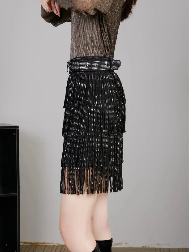 Women Skirt Fashion 2025 New Autumn High Waist Belt Multi Layer Short Heavy Drilling Rhinestones Fringed Skirt with Cake A Line