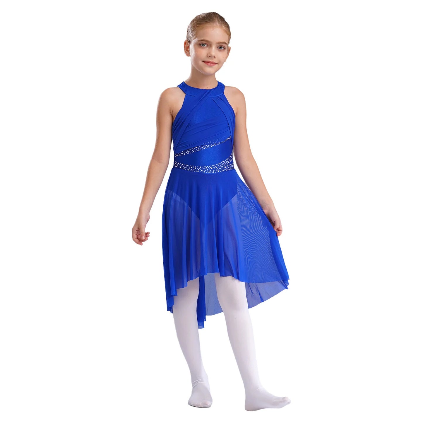 Kids Girls Rhythmic Gymnastics Ballet Lyrical Latin Dance Costume Rhinestone Ruched Leotard Waltz Tango Ballet Jersey Dresses