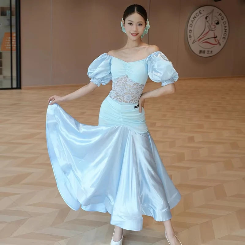 Ballroom Dress Women Performance Clothing Standard Modern Dance Outfit Lace Off Shoulder Dance Leotard Skirt Waltz Dress VBH1935