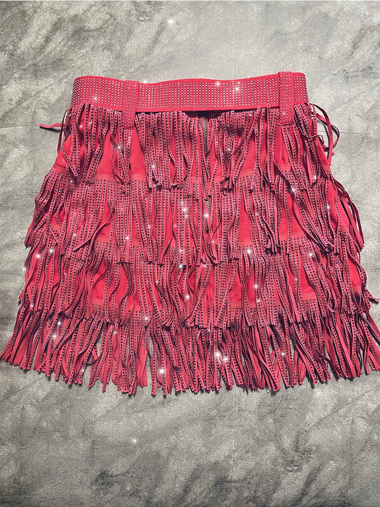 Women Skirt Fashion 2025 New Autumn High Waist Belt Multi Layer Short Heavy Drilling Rhinestones Fringed Skirt with Cake A Line