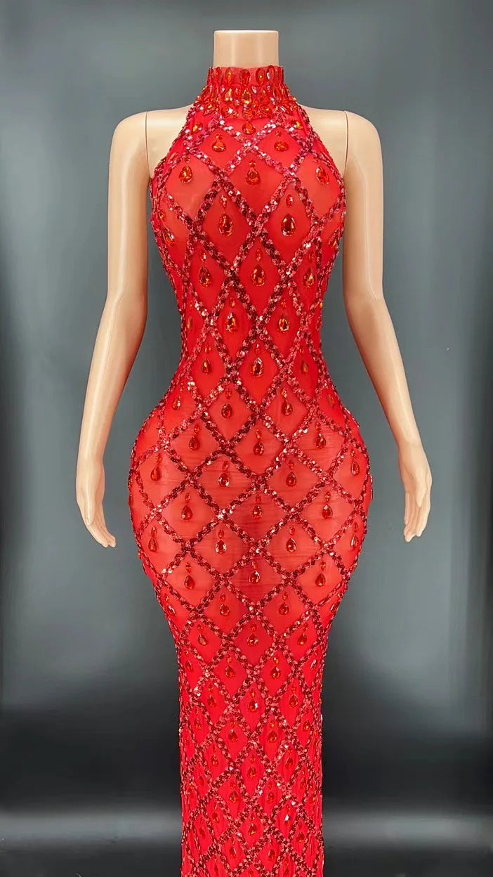 Customized Red Background Red Diamond Dress Nightclub Bar Female Singer DJDSgogo Performance Costume Stage Dress for Women