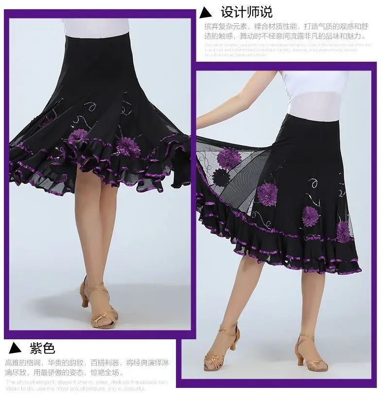 Square Dance/National Standard Modern Social Dance Big Swing Skirt Embroidered Square Dance Half Body Skirt Waltz Dance Skirt