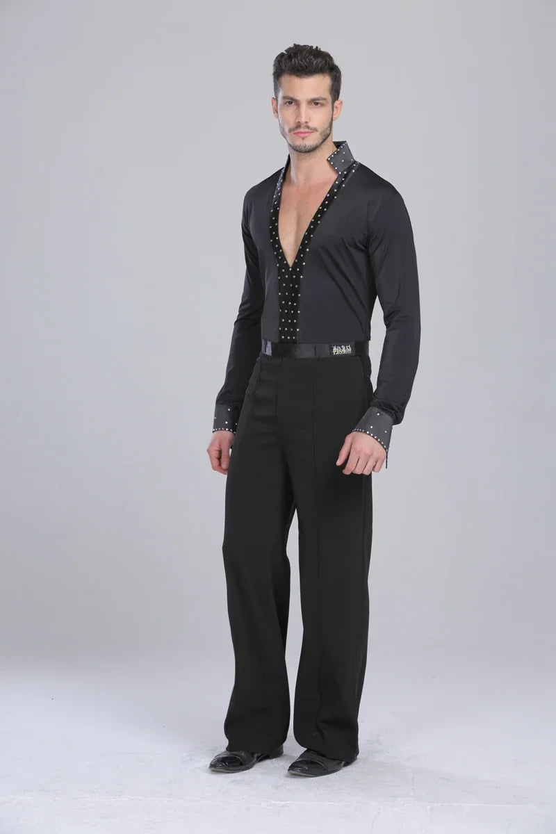 Men Latin Waltz Ballroom Dance Long Shirt Black White V-Neck Lace Leotard Bodysuit Cha-Cha Tango Rumba Dance Performance Shirts