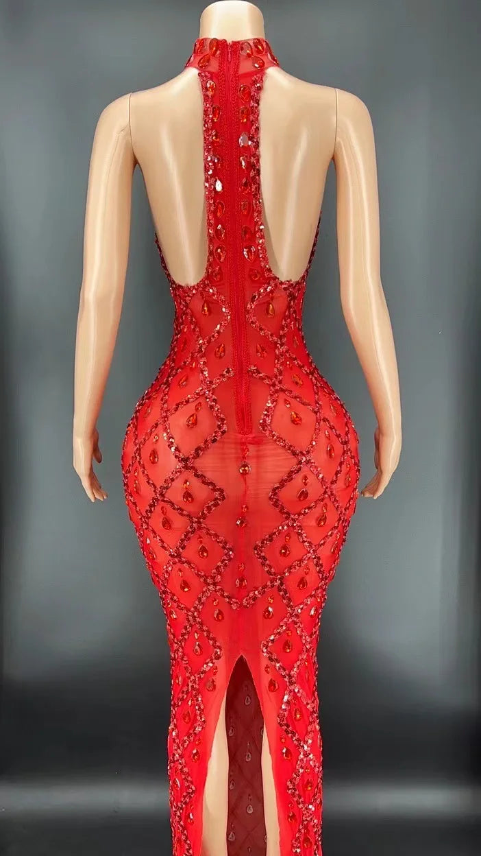 Customized Red Background Red Diamond Dress Nightclub Bar Female Singer DJDSgogo Performance Costume Stage Dress for Women